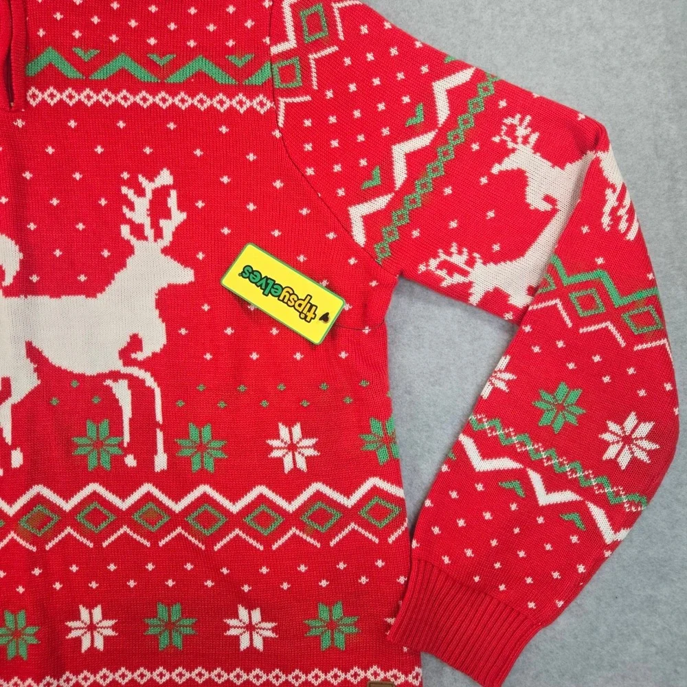 Tipsy Elves Mens Red Reindeer Fair Isle Quarter Zip Christmas Sweater Large NWT